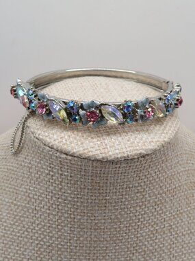 Vintage Florenza Enamel AB Rhinestone Floral Hinged Bangle Bracelet